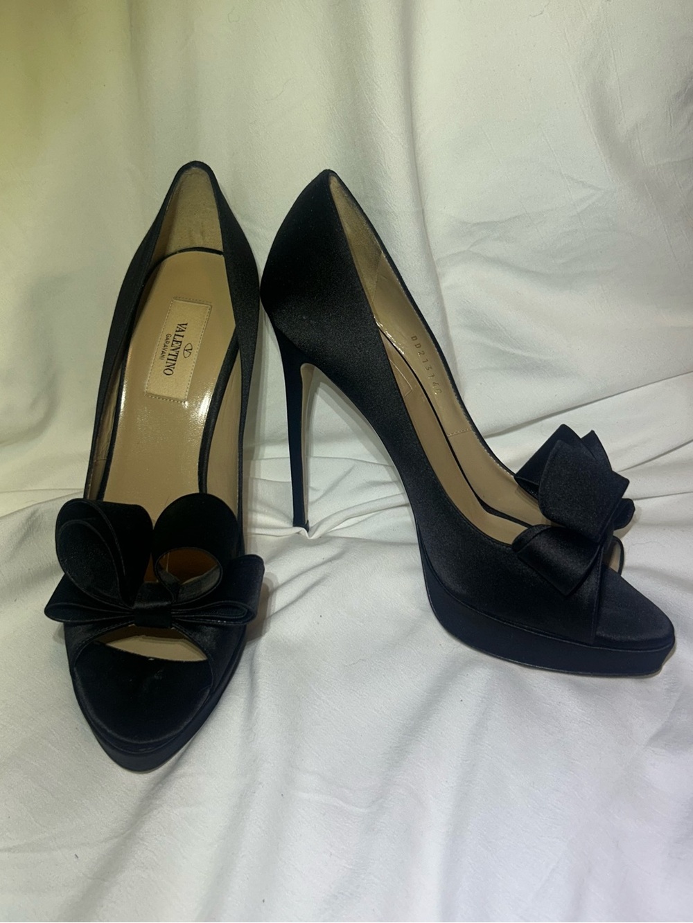 Valentino Garavani Black Satin Peep-Toe Heels with Bow Detail